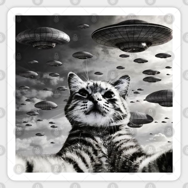 Selfie of Funny Cat And Aliens UFO 2 Sticker by Megadorim